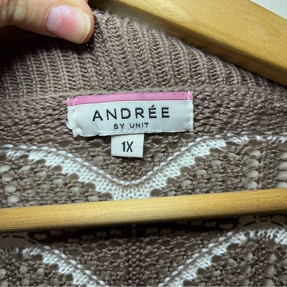 Andree by Unit Women’s Plus V-Neck Cardigan Loose Weave Chevron Stripe Brown 1X - Picture 4 of 7